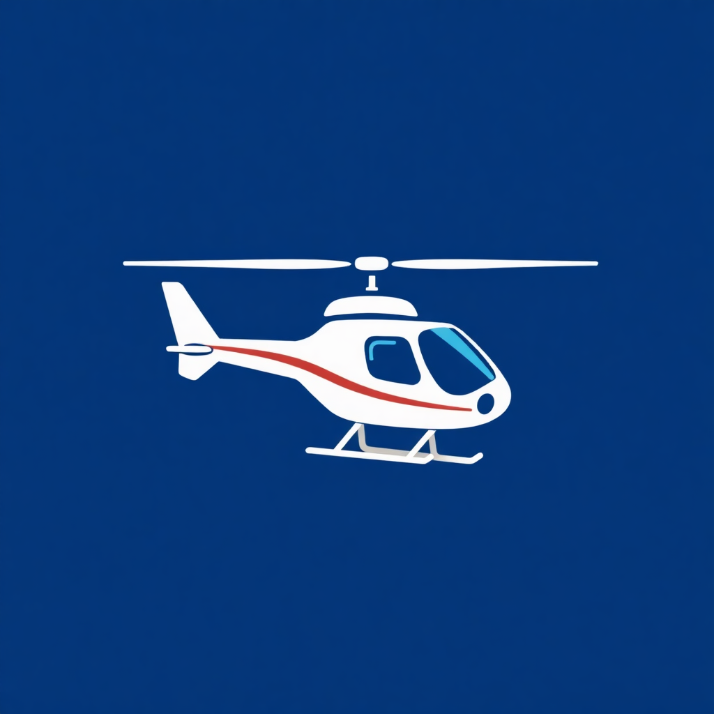 The image is a simple illustration of a helicopter on a blue background. The helicopter is white with a red stripe running along the side and a blue stripe running down the center. It has a pointed nose and two propellers on either side of the body. The body of the helicopter is slightly curved and has a small window on the front. The wings are spread out and the tail is pointed upwards. The overall design is simple and minimalistic.