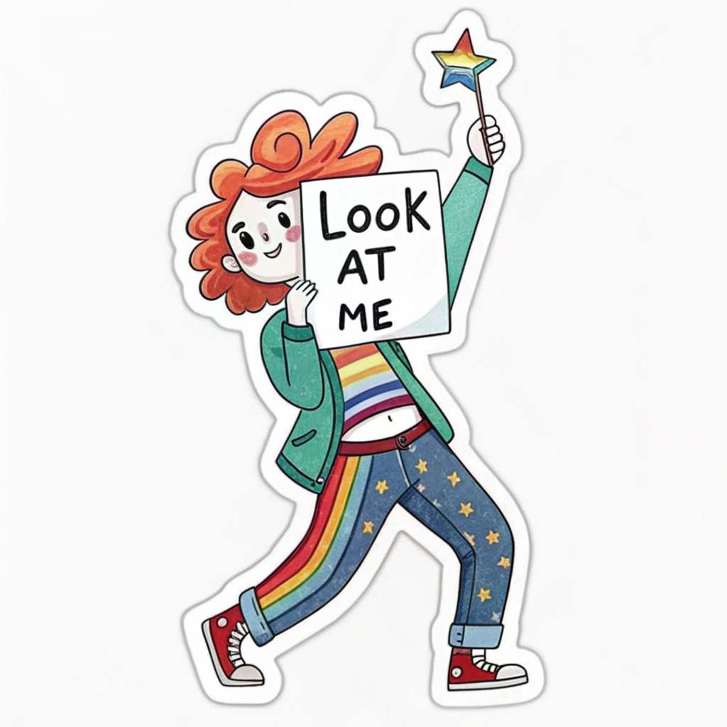 The image shows a sticker of a girl holding a sign that reads 