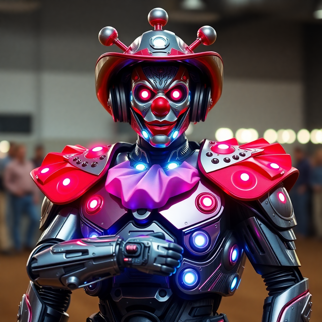 A futuristic, robot-themed rodeo clown character with metallic armor plating, glowing LED lights, and retractable gadgets, offering a unique, high-tech spin on the traditional role, possibly using robotic assistance for stunts.