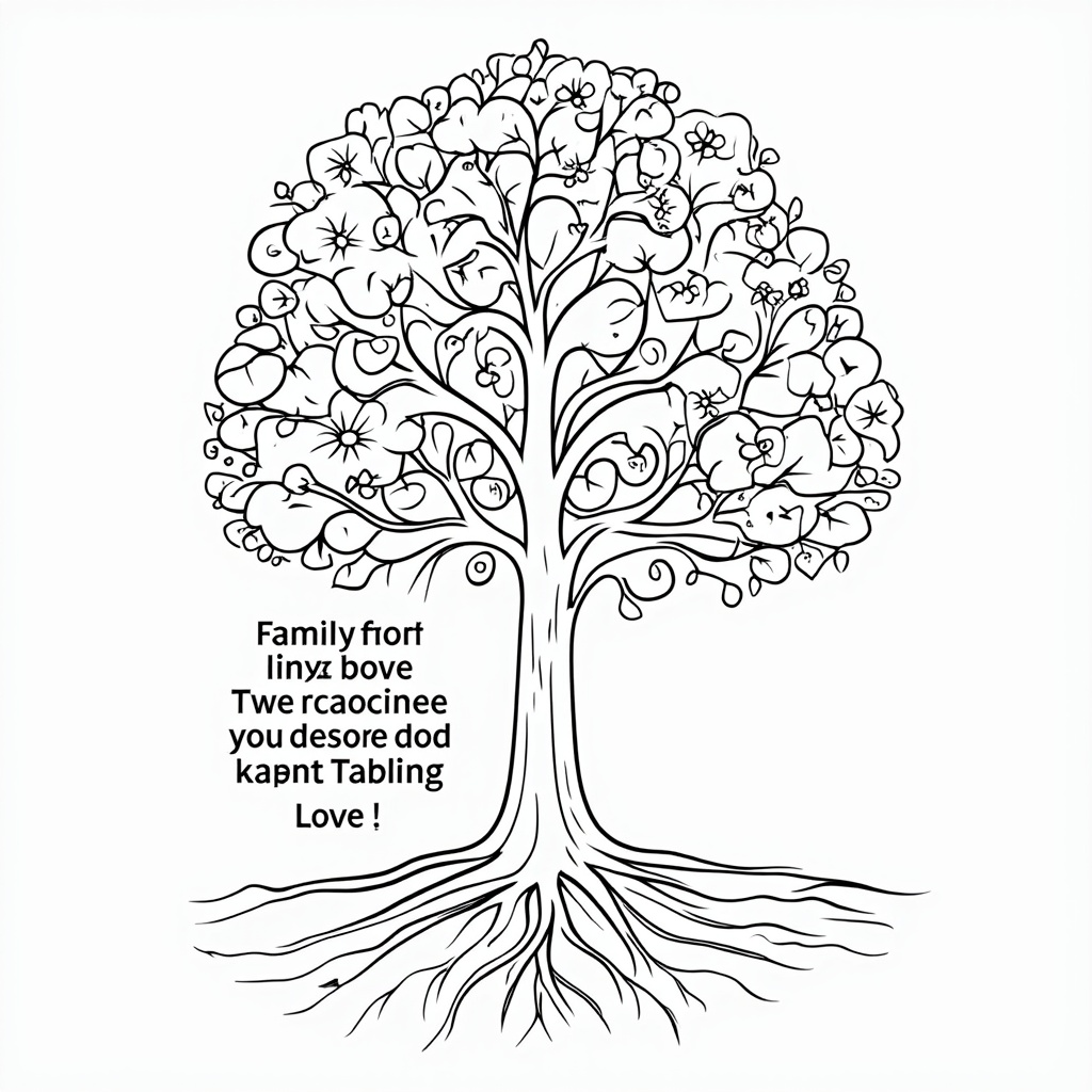 An artistic representation of a 'tree of love,' where the leaves are heart-shaped and blossoms are blooming flowers. The roots of the tree could subtly form the word 'Family' or 'Mother.' A sentimental quote about enduring love can be written around the base or as part of the sky.