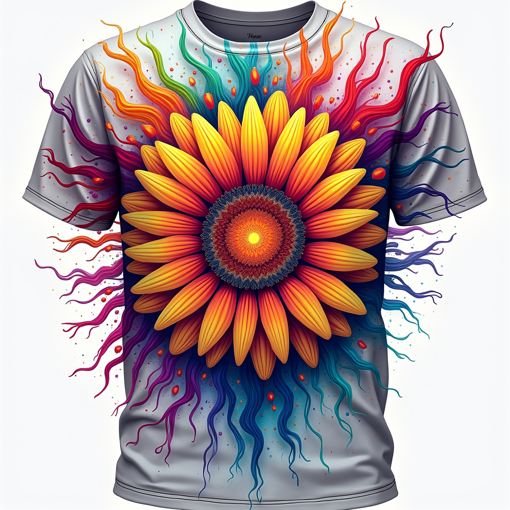 Exploding Petal Mandala: A dynamic design where the daisy mandala appears to be exploding or blooming outwards from the center. Petals trail off into psychedelic liquid trails or geometric fragments. Colors transition from a core bright color to multiple flowing hues at the edges. Could be an all-over print or focused on front/back.