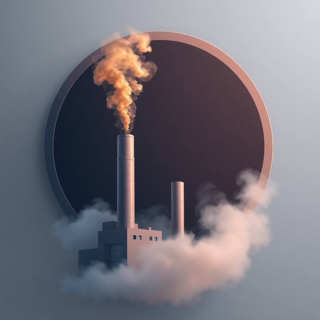 The image is a digital illustration of a factory with smoke coming out of its chimneys. The factory is in the center of the image, with a large circle surrounding it. The smoke is a bright orange color and is billowing upwards from the chimneys, creating a cloud-like effect. The background is a light blue color, and the overall mood of the illustration is peaceful and serene.