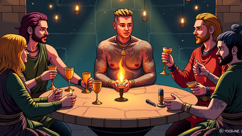 A 'Round Table' scene where Post Malone and his bandmates (or symbolic figures representing his music) are seated around a stone round table, surrounded by medieval feast elements mixed with modern concert gear (e.g., goblets next to microphones). The lighting could be reminiscent of torchlight mixed with stage lights.