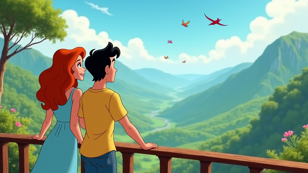 A cartoon couple leaning on a railing at a picturesque viewpoint overlooking a beautiful valley, with birds soaring in the distance.