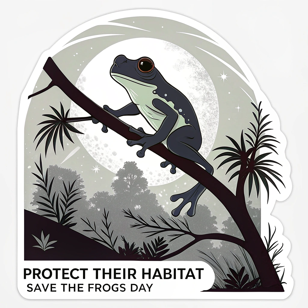 A realistic tree frog clinging to a branch, silhouetted against a subtle moonlit jungle background. Text 'Protect Their Habitat - Save The Frogs Day' along the bottom edge.