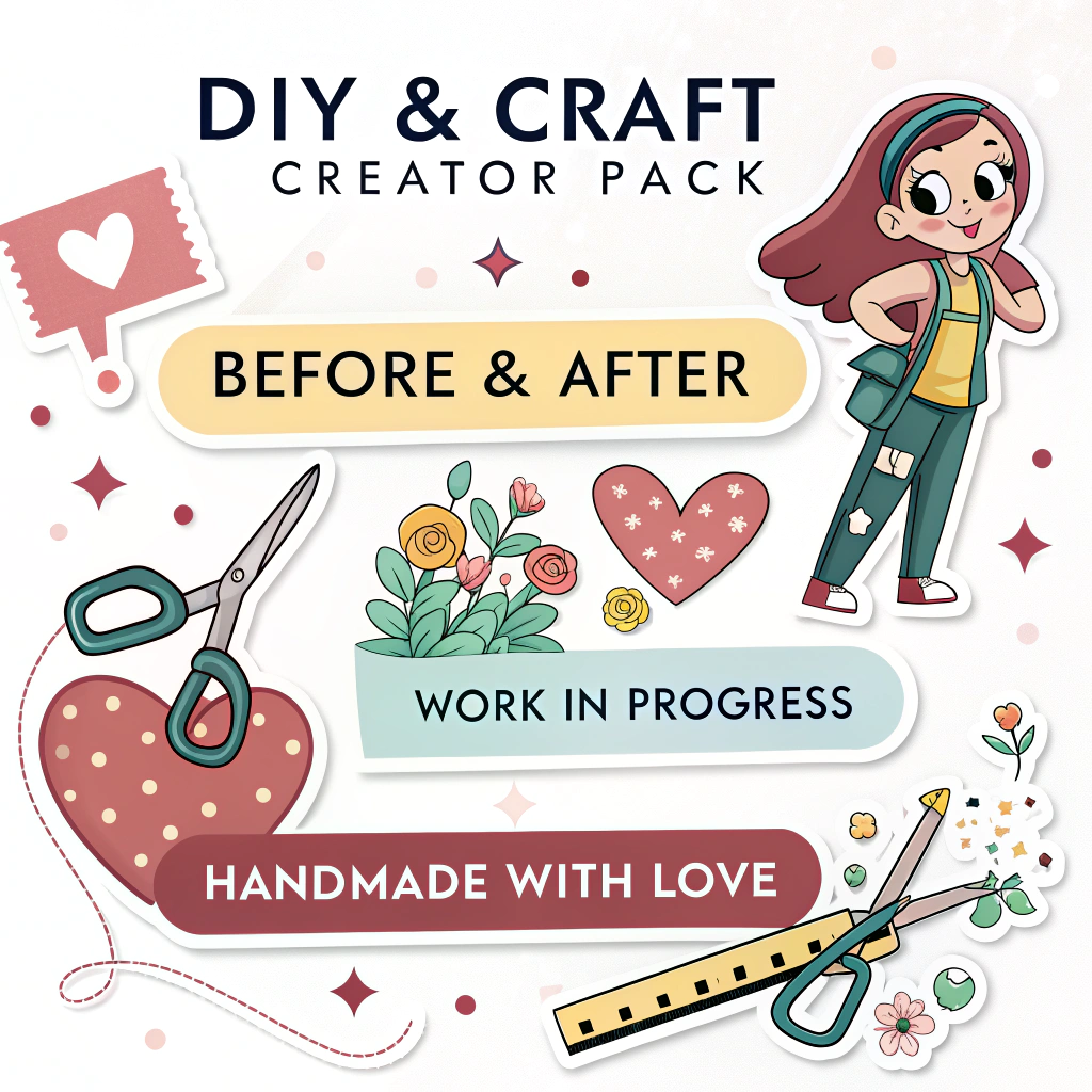 DIY & Craft Creator Pack: Animated 'Before & After' reveal stickers, tool icons (paint brush, scissors, glue gun) with sparkling effects, 'Work in Progress' caution tape style banners, and 'Handmade With Love' heart animations.