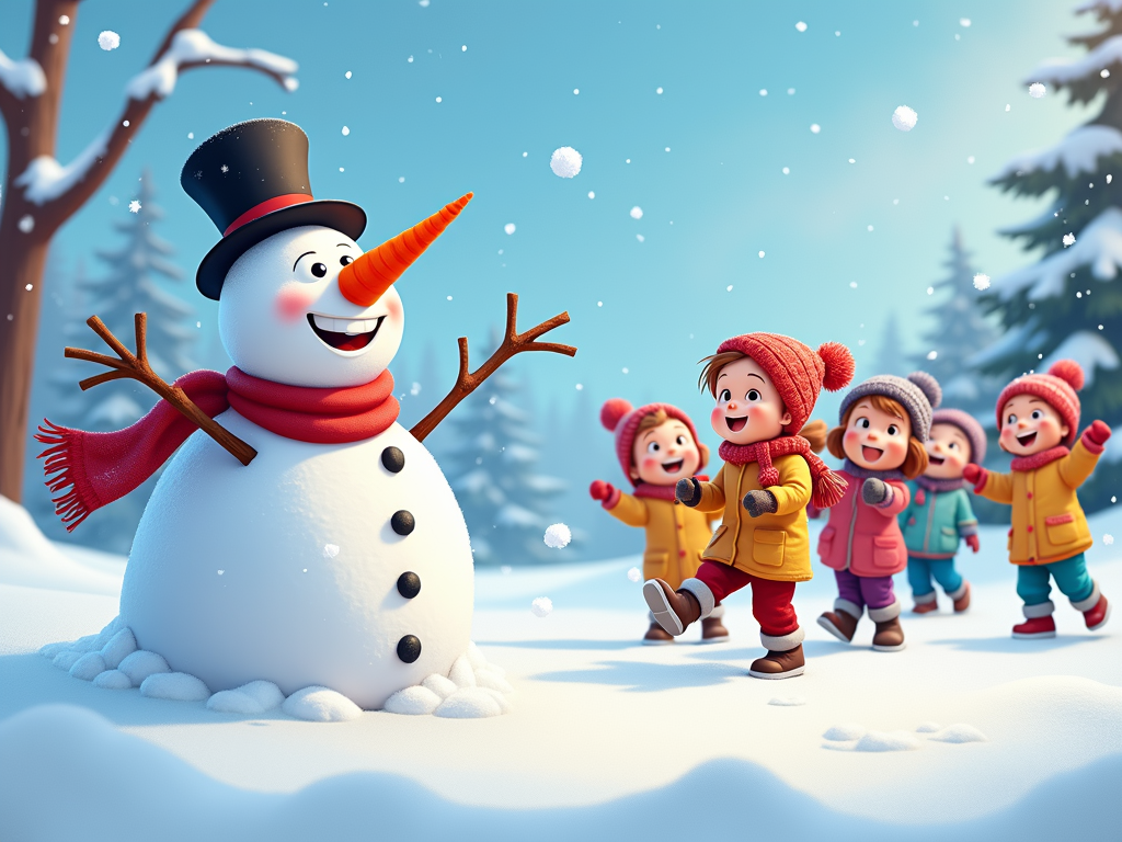 The image shows a group of children playing in the snow with a snowman. The snowman is wearing a top hat and a scarf, and is surrounded by trees covered in snow. The sky is visible in the background, and the image is animated.