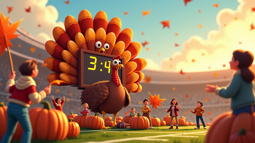 A creative snapshot of a turkey-influenced scoreboard at a local Thanksgiving football game, decked with autumn flora.