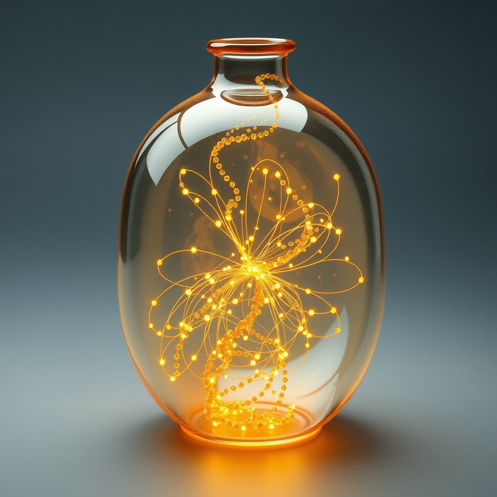 Klein Bottle as Data-Art Vessel: An iconic Klein bottle, perhaps semi-transparent, containing flowing streams of light or particles that represent AI processes generating miniature art elements (like tiny brushes or color palettes) internally.