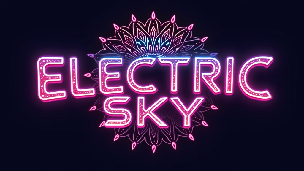 Simple Logo Idea: A custom logotype for 'Electric Sky Mandala Glow' using a futuristic, clean font with vibrant neon outlines. The 'o' in 'Glow' can be replaced by a small, abstract glowing mandala symbol, neatly tying the thematic elements together for branding.