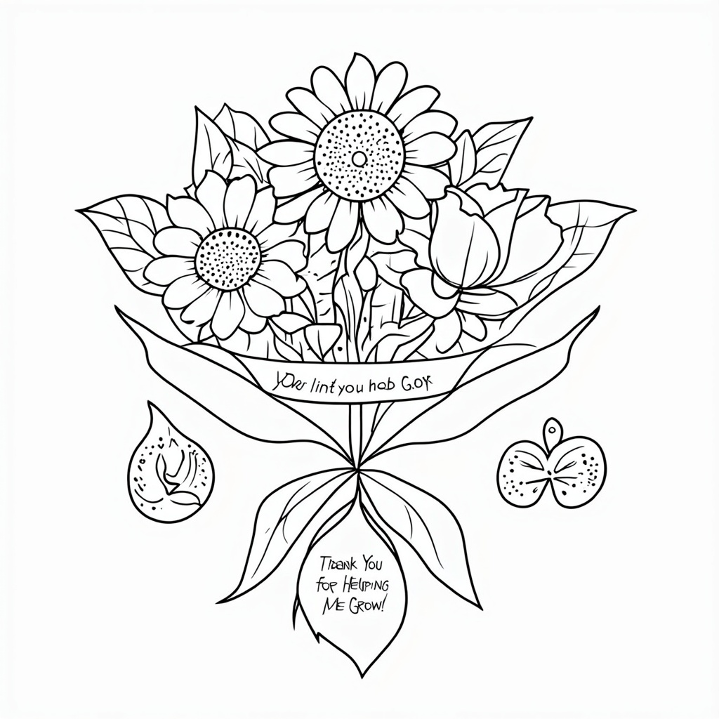 Individual coloring elements that can be cut out and assembled into a bouquet. Each element is a different type of flower or plant (e.g., sunflower, tulip, sprouting seed) with a small space for a child to write one word of thanks or their name. The central 'Thank You for Helping Me Grow' message can be on a larger leaf or a tag tied to the 'bouquet stem' once assembled.