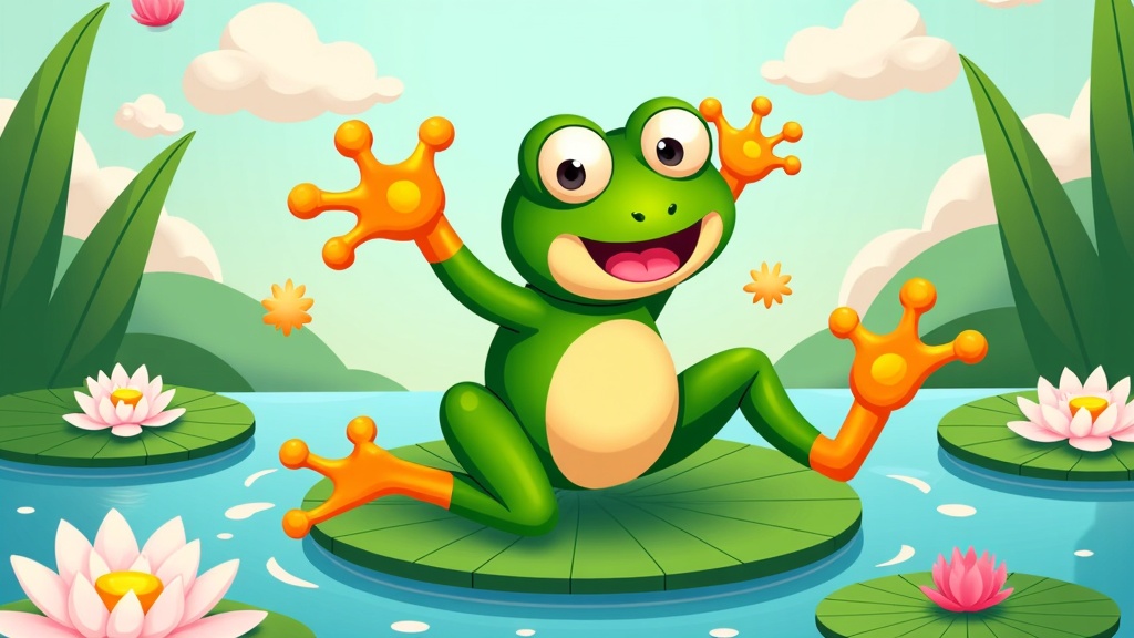 The image is a cartoon illustration of a green frog sitting on a lily pad in a pond. The frog has a big smile on its face and its arms are stretched out in front of it, as if it is dancing or waving. It has two orange claws on its feet and is surrounded by pink and white water lilies. The background is a light blue sky with white clouds and green plants. The overall mood of the image is cheerful and playful.