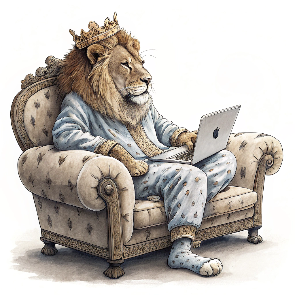 A sticker featuring a regal lion wearing pajamas and a crown, working on a laptop from a luxurious couch, symbolizing authority and comfort in remote work.