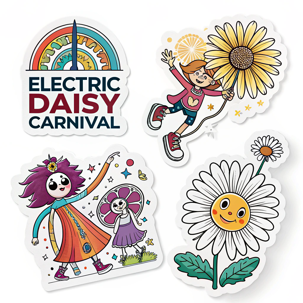 Translated text: Electric Daisy Carnival Sticker Designs - Rave Totem Icons & Sayings