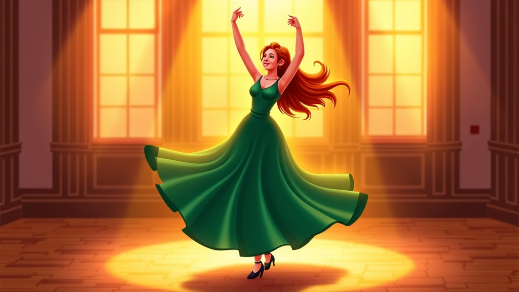  a young woman dancing in a grand room with large windows. She is wearing a long, flowing green dress with a high neckline and long sleeves. Her long red hair is flowing in the wind and she is gracefully dancing with her arms raised above her head. The room has a high ceiling with columns and a chandelier hanging from it. The floor is made of wooden planks and the walls are painted in a warm yellow color. The overall mood of the image is joyful and carefree.