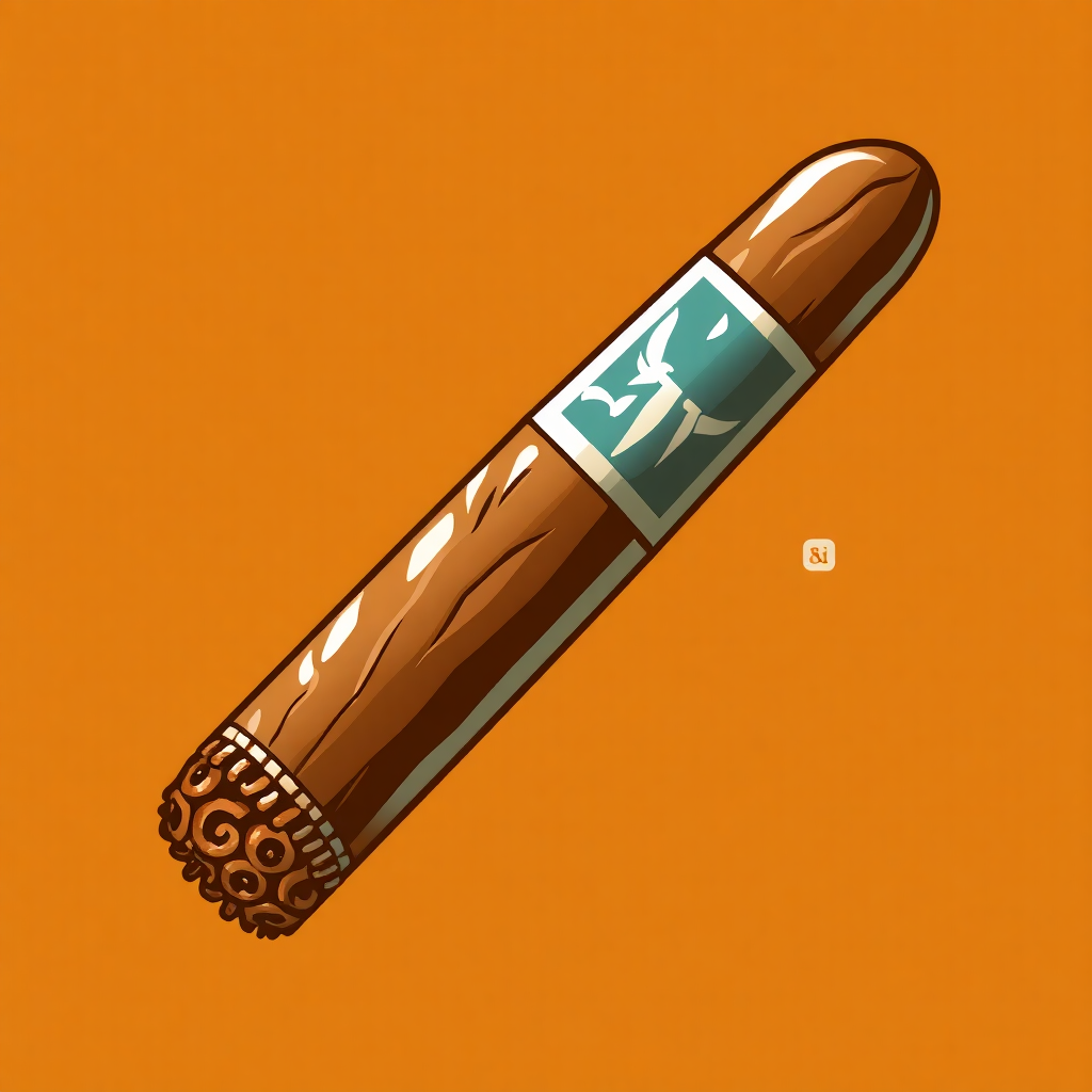 The image is a digital illustration of a cigar. The cigar is in the center of the image, with an orange background. The top of the cigar is elongated and has a smooth texture. On the right side of the top, there is a blue label with a white bird design on it. The label also has some text written in white. The bottom of the label has a decorative design with swirls and dots. The overall style of the illustration is simple and minimalistic.