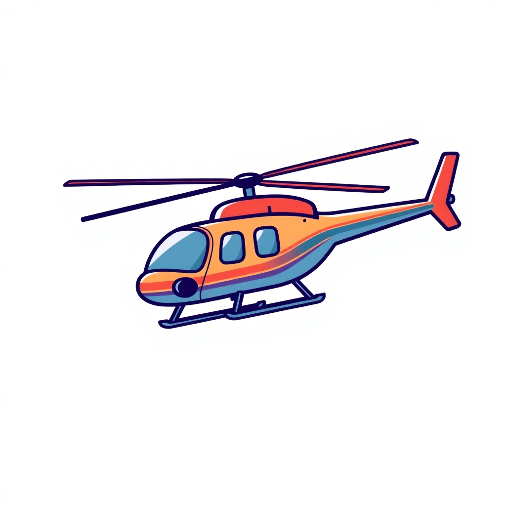 The image is a digital illustration of a helicopter. The helicopter is orange and blue in color with a pointed nose and two windows on the front. It has two propellers on either side of the body and a tail fin on the right side. The body of the helicopter is outlined in blue and the wings are outlined in orange. The background is white. The illustration is simple and cartoon-like.