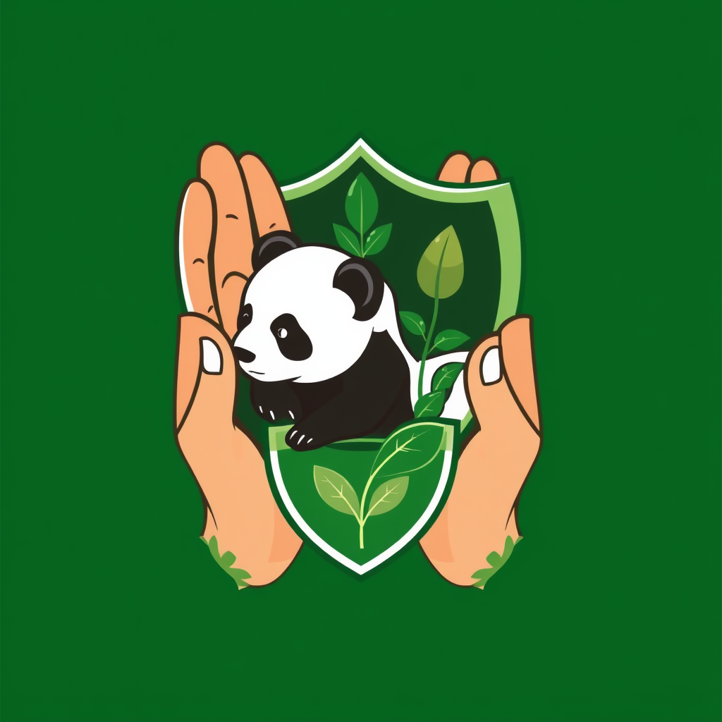 Design featuring a vulnerable animal (like a panda or turtle) or a rare plant motif being gently cupped by human hands or sheltered by a green shield, emphasizing active protection and conservation efforts.