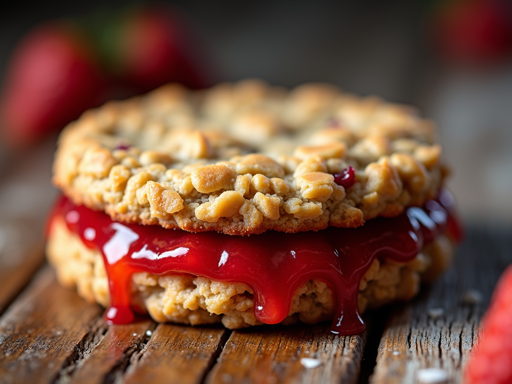 A layered cookie, with a base of crunchy oatmeal and a soft, strawberry infused middle layer that resembles a strawberry pie filling.