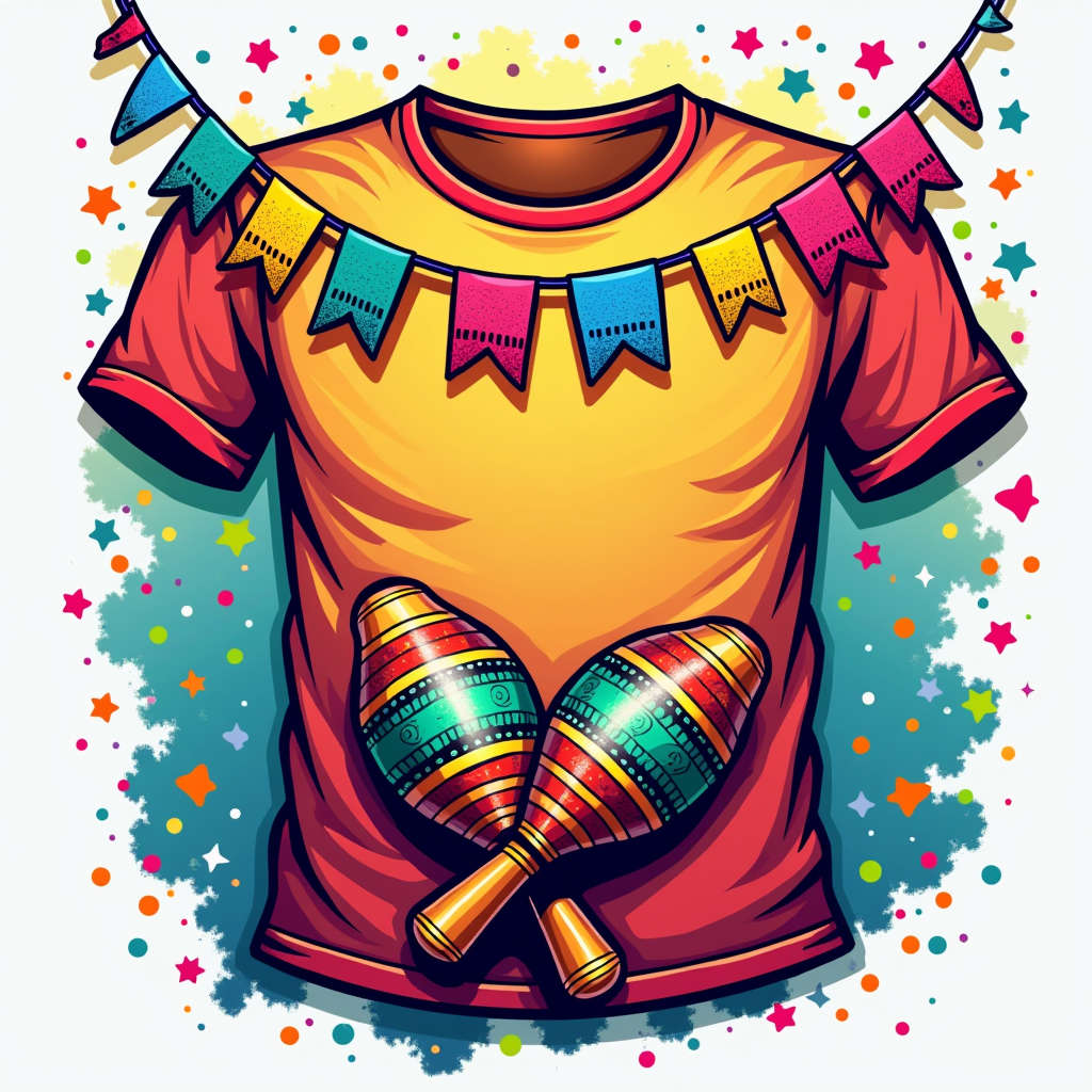 Sub-design idea 1: A vibrant design featuring colorful papel picado banners strung across the top, with a pair of brightly decorated maracas crossed underneath, accented by confetti and streamers.