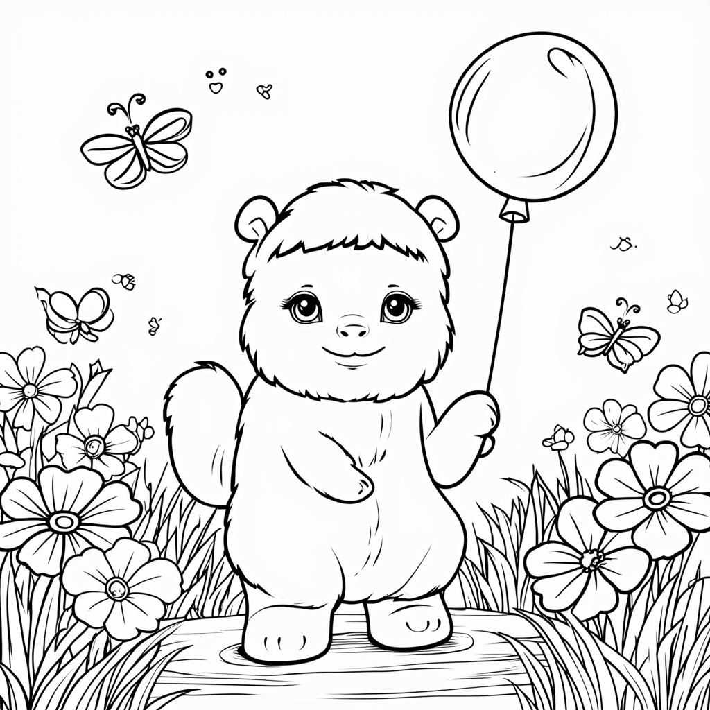 A whimsical bear holding a balloon, surrounded by flowers and butterflies.