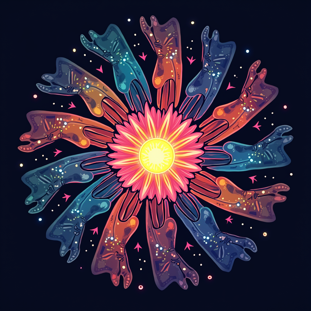 A design centered around a glowing mandala formed by stylized, diverse hands reaching inwards to a central, radiant EDC daisy. The outlines of the hands and the daisy's core would be glow-in-the-dark, emphasizing interconnectedness and unity.