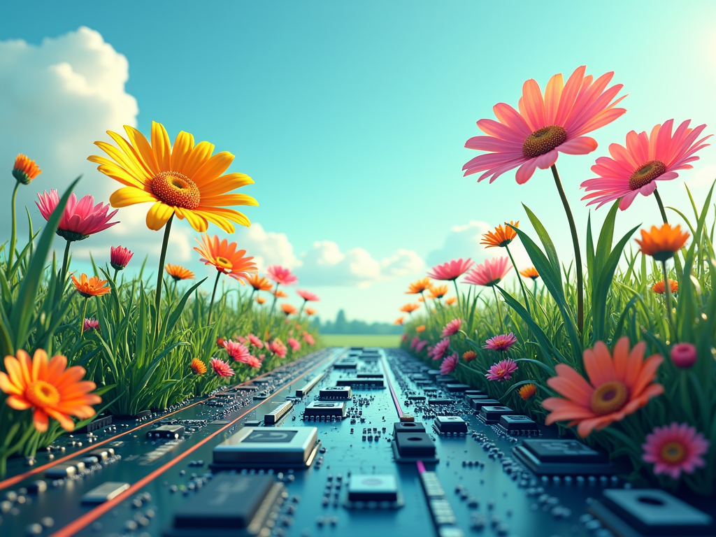 Motherboard Meadow Panorama: This design visualizes a landscape where the ground texture is clearly a stylized motherboard, complete with visible traces and components. Large, colorful daisies and other flora 'grow' out of connection ports or sockets on the board, with their stems perhaps resembling bundled wires.