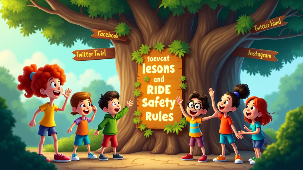 The Interwebs Treehouse Club: Friends use a magical treehouse to enter the 'Interwebs,' a metaphorical world where social media platforms are theme park zones. Restrictions are depicted as 'ride safety rules' or 'entry requirements' for each zone, teaching responsible online conduct.