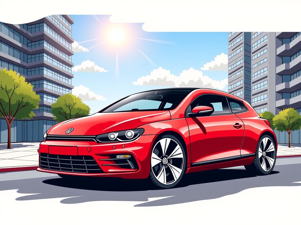 The image is a digital illustration of a red Volkswagen car parked on a street in front of a modern city skyline. The car is a two-door coupe with a sleek and sporty design. It has a black roof and black alloy wheels. The front of the car has a large grille with the Volkswagen logo in the center and the word Volkswagen written in white. The sky is blue with white clouds and the sun is shining brightly in the top right corner. The buildings in the background are tall and have multiple floors and balconies. There are trees and bushes on either side of the street. The overall color scheme of the image is bright and vibrant, with a mix of red, blue, and green tones.