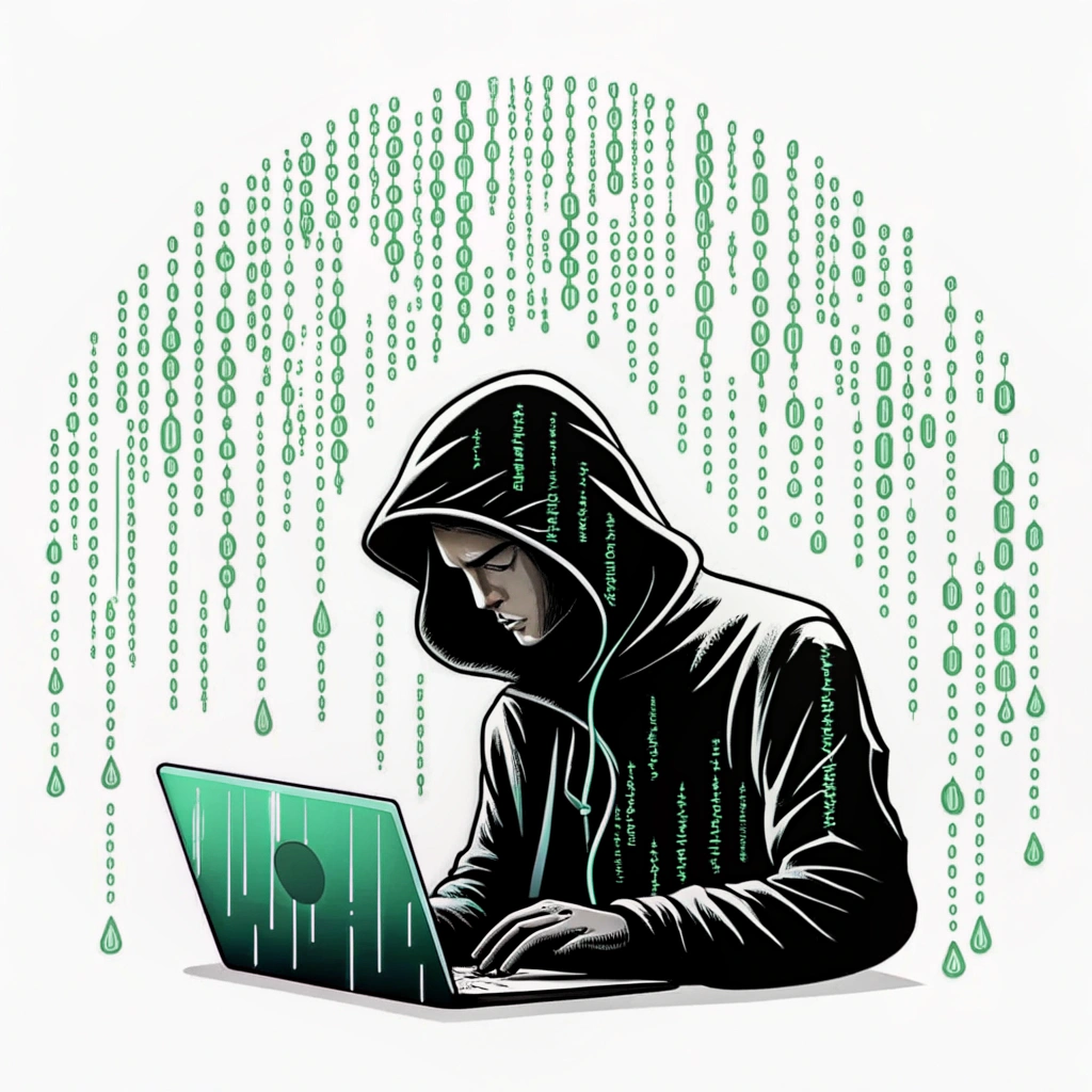 Sub-design 2: The hacker silhouette against a backdrop of cascading green binary code (0s and 1s) or abstract 'Matrix-style' digital rain, emphasizing the coding and data environment.