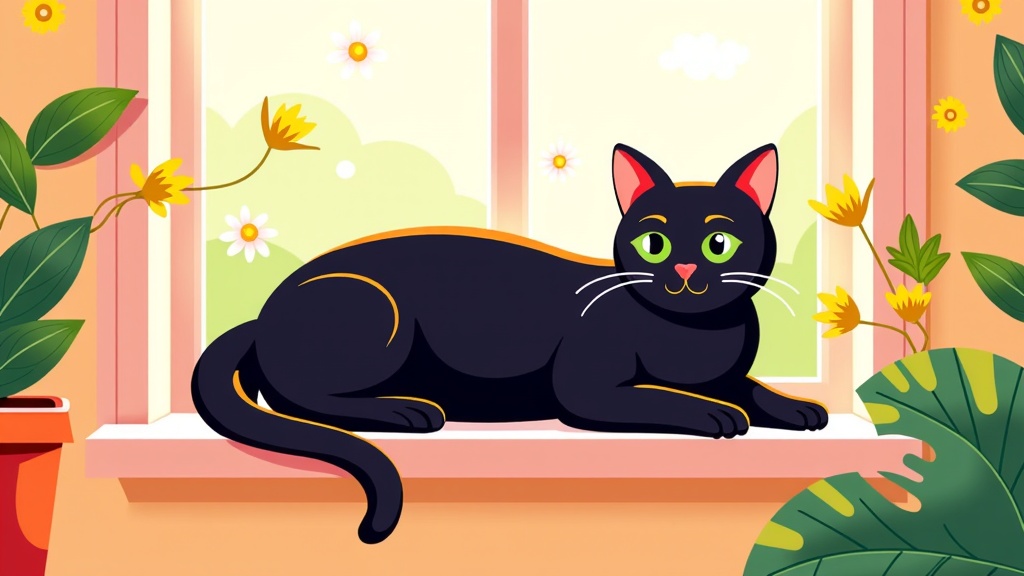 The image is an illustration of a black cat sitting on a window sill. The cat is lying down with its body stretched out and its head resting on its front paws. It has green eyes and pink ears. The window is open and there are yellow flowers and green leaves on either side of the cat. The background is a light pink color with a white curtain. The overall style of the illustration is cartoon-like and playful.