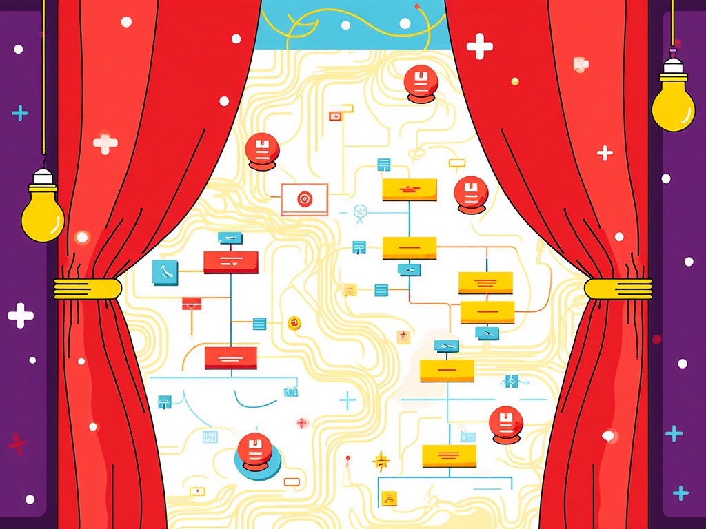 Show a curtain being drawn back from a tangled, complex diagram, revealing a clear, understandable flowchart underneath, symbolizing the hidden process made visible.