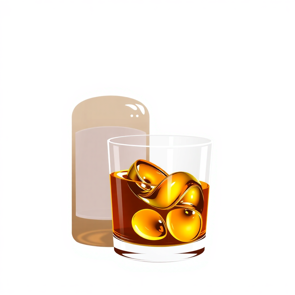  a glass of whiskey with ice cubes in it. The glass is filled with a golden-brown liquid, likely whiskey, and the ice cubes are arranged in a way that they form a wave-like shape. Next to the glass, there is a tall, cylindrical glass with a smooth, transparent surface. The background is white, making the glass and ice cubes stand out. The overall color scheme of the image is warm and inviting.