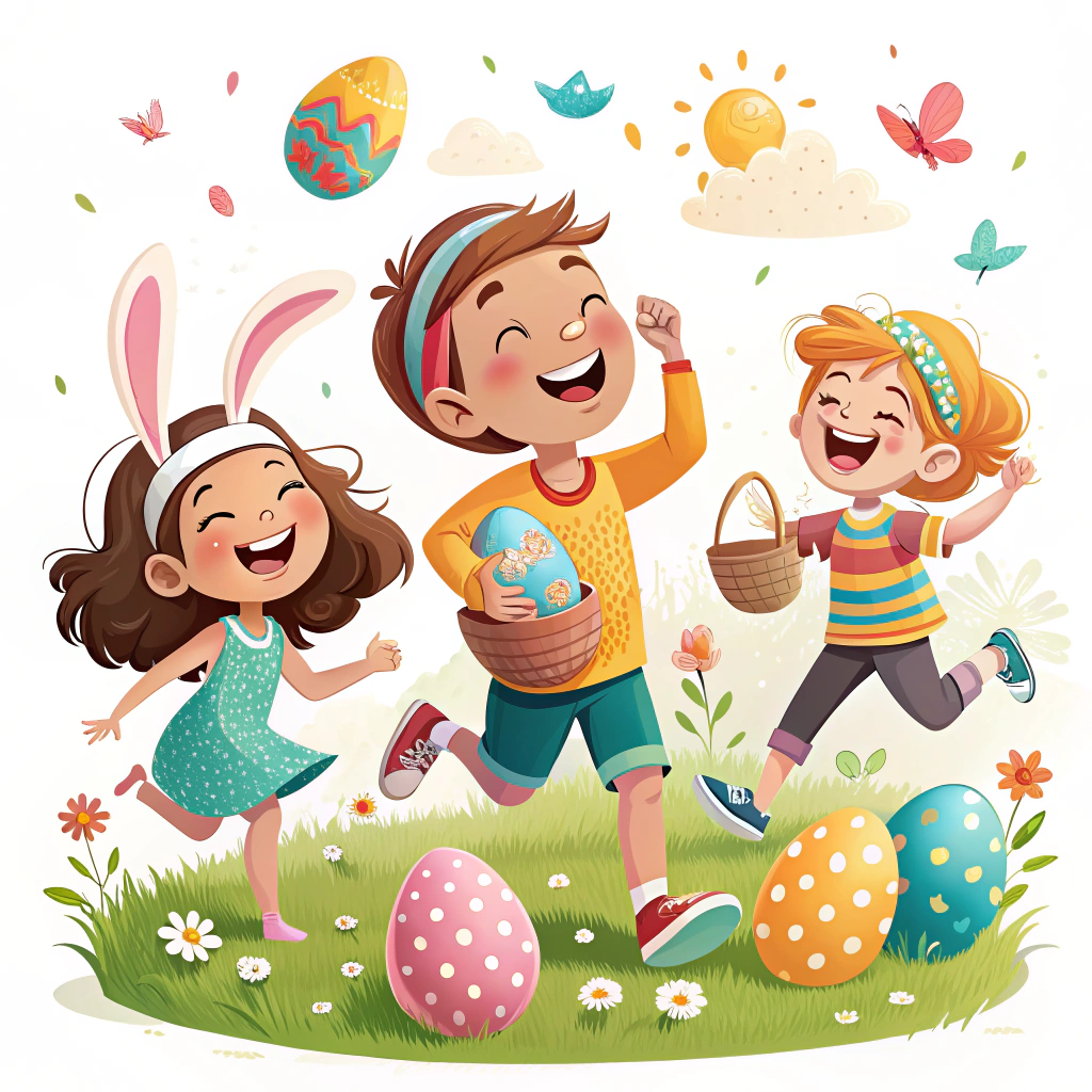 Create a sticker showing children happily participating in Easter egg hunts or games on Easter Monday, emphasizing the fun and continued celebration.