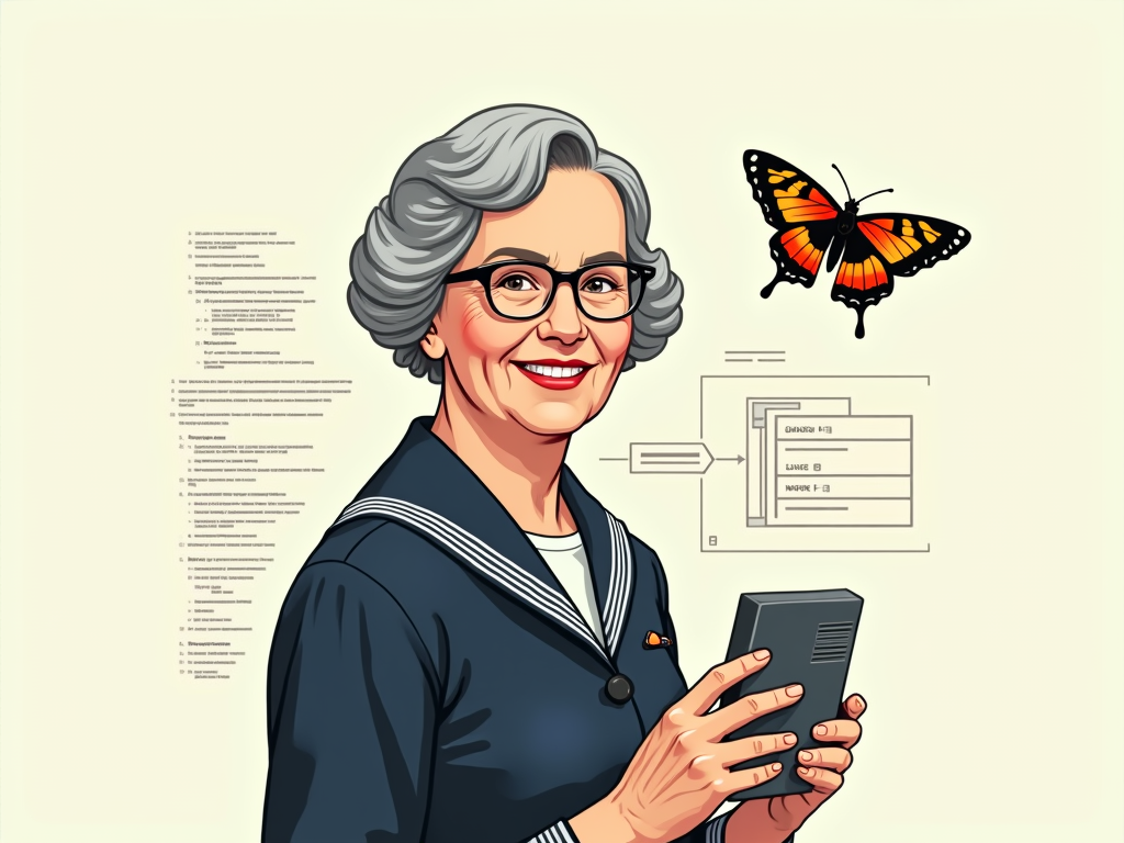 Grace Hopper 'Code Debugger' tribute: Illustrate Rear Admiral Grace Hopper, perhaps with a moth graphic (referencing the first computer bug story) and minimalist COBOL code snippets or a compiler flowchart.