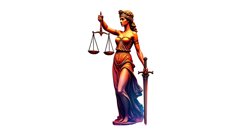 A watercolor tattoo of Lady Justice sees splashes of colors forming her scales, sword, and blindfold, offering an artistic reinterpretation.