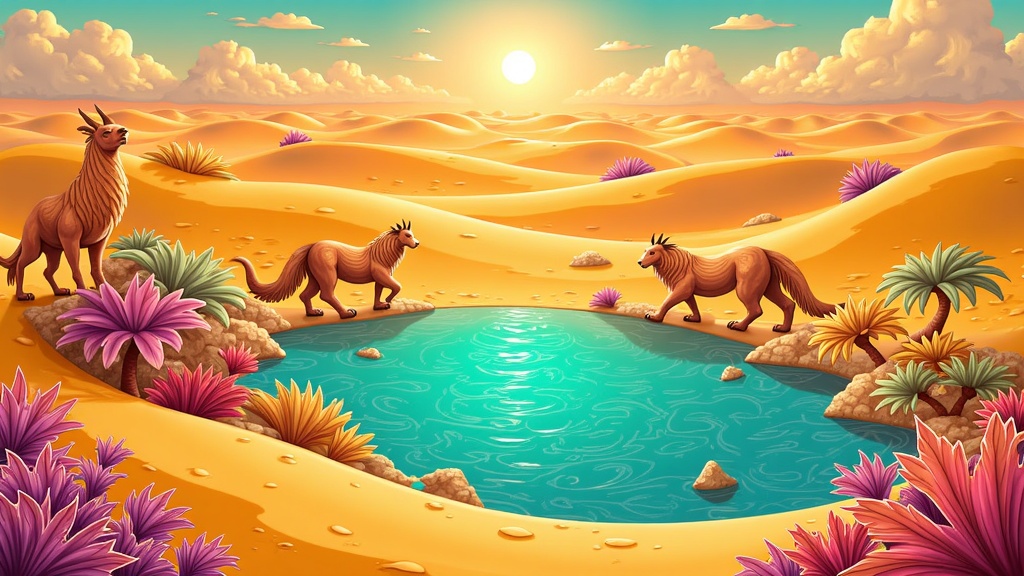 A hidden oasis in the heart of a seemingly endless desert, where the water has healing properties and the flora is bioluminescent, guarded by mythical desert creatures.