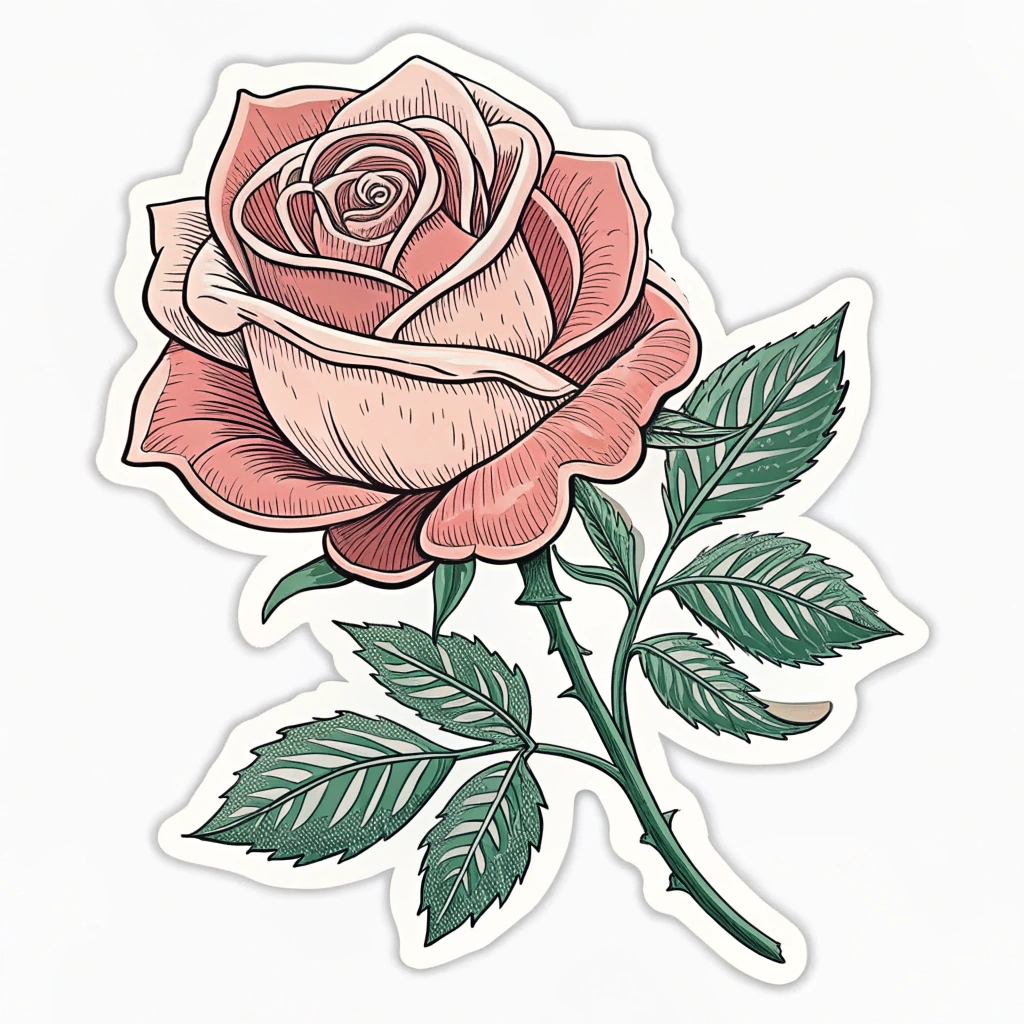 Simple Icon Idea: A simplified, flat-style single rose head with a strong outline, using a limited retro color palette like dusty pink and olive green, suitable for small applications.