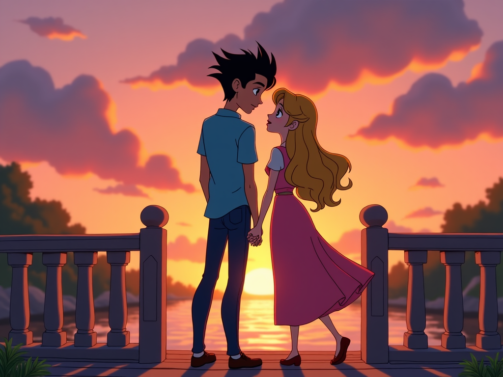 A cartoon couple watching a sunset from a scenic bridge, silhouetted against the vibrant sky colors, leaning into each other.