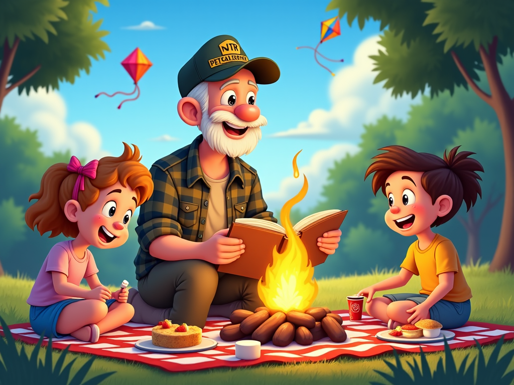 A lively depiction of a picnic in a park with veterans and families enjoying the day. The veteran shares stories while kids roast marshmallows by a bonfire. The atmosphere is festive with kites flying high, picnic blankets spread with treats, and families enjoying the companionship and shared history.