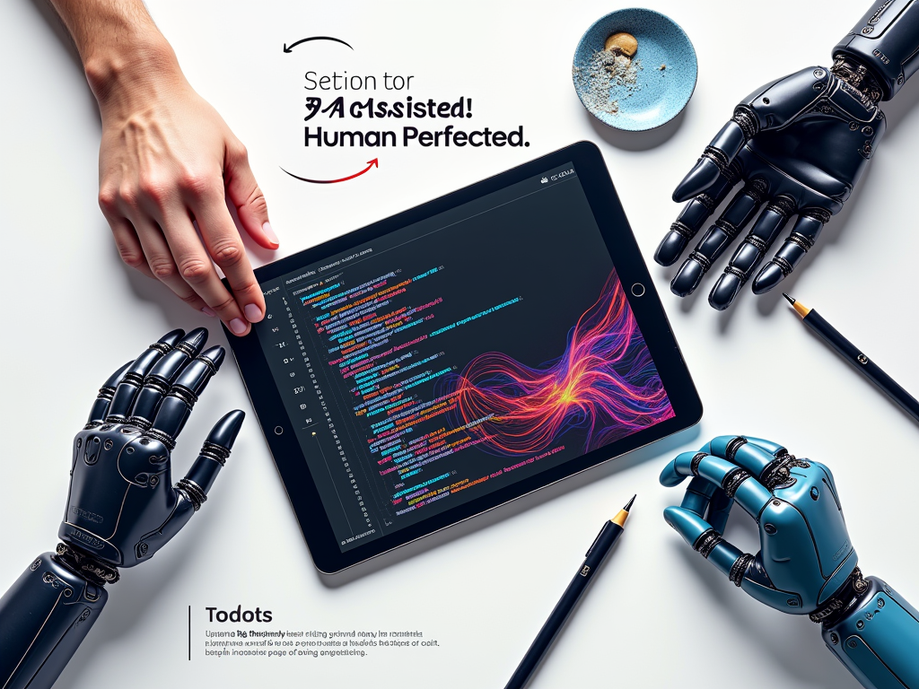 T-Shirt Idea 4 (The 'Artist's' Tools): A flat lay style graphic showcasing 'tools': a tablet displaying code, a human hand, a robotic hand, and a shared canvas displaying evolving generative art. Text: 'AI Assisted. Human Perfected.'