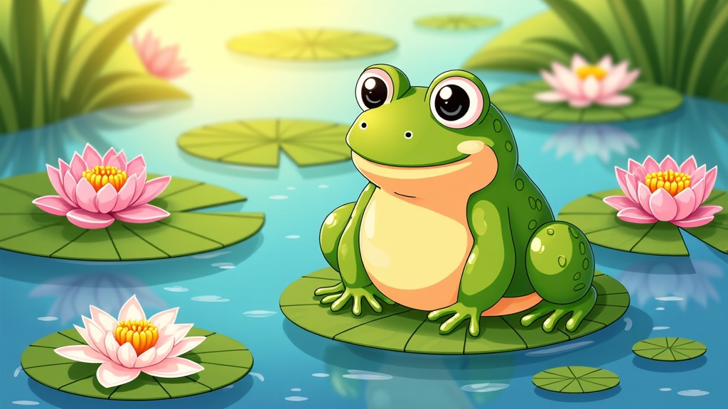 The image is a digital illustration of a green frog sitting on a lily pad in a pond. The frog is facing the camera and has big, round eyes and a big smile on its face. It is sitting on the edge of the lily pads, which are floating on the water. The water is a light blue color and there are several pink water lilies scattered around the frog. In the background, there are tall green plants and trees. The overall mood of the image is peaceful and serene.