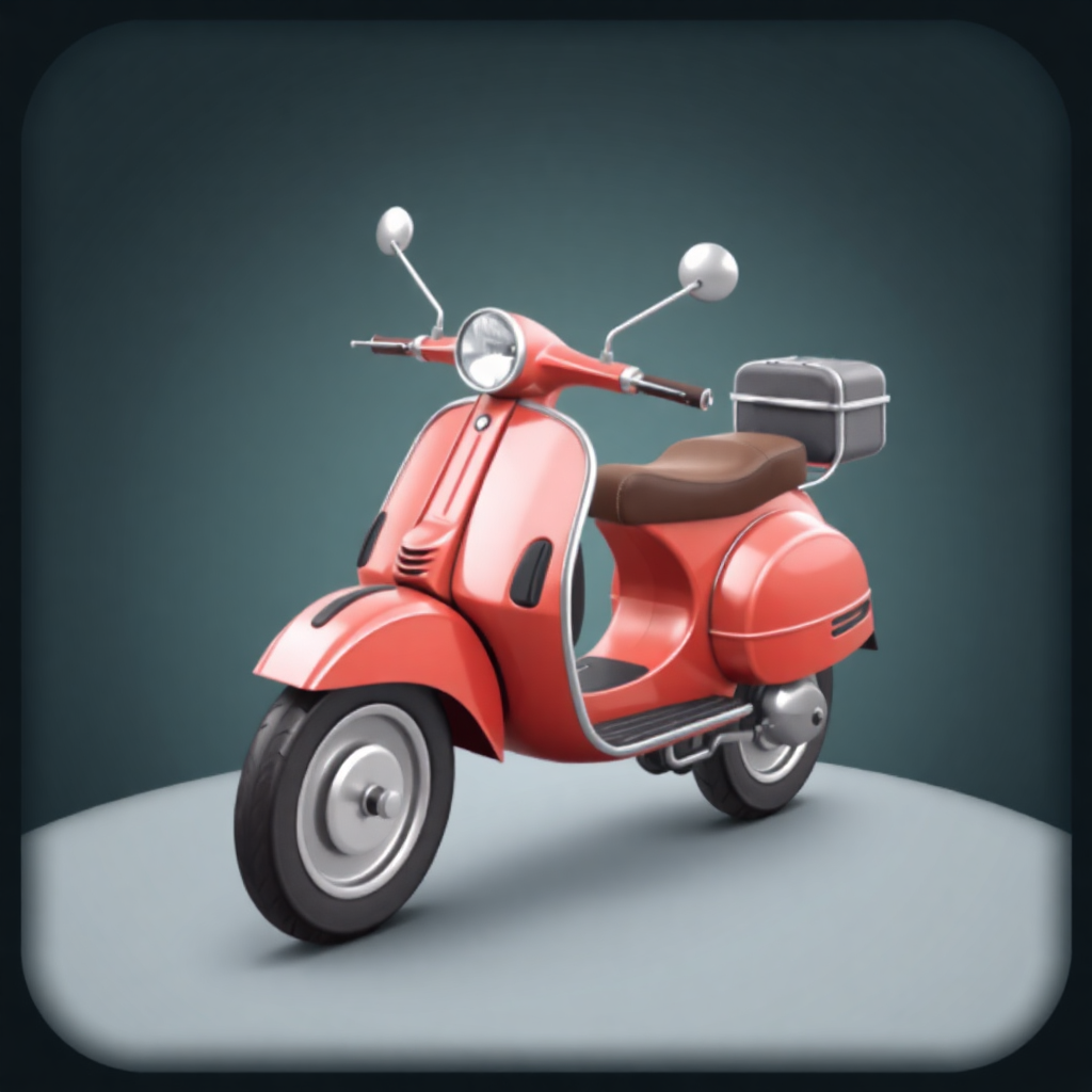 The image is a 3D rendering of a red scooter. The scooter has a sleek and modern design with a round headlight and two round mirrors on the front. The handlebars are curved and the seat is upholstered in a brown leather material. There is a small storage compartment on the right side of the scooter, which appears to be a luggage rack. The wheels are silver and appear to be made of rubber. The background is a solid grey color.