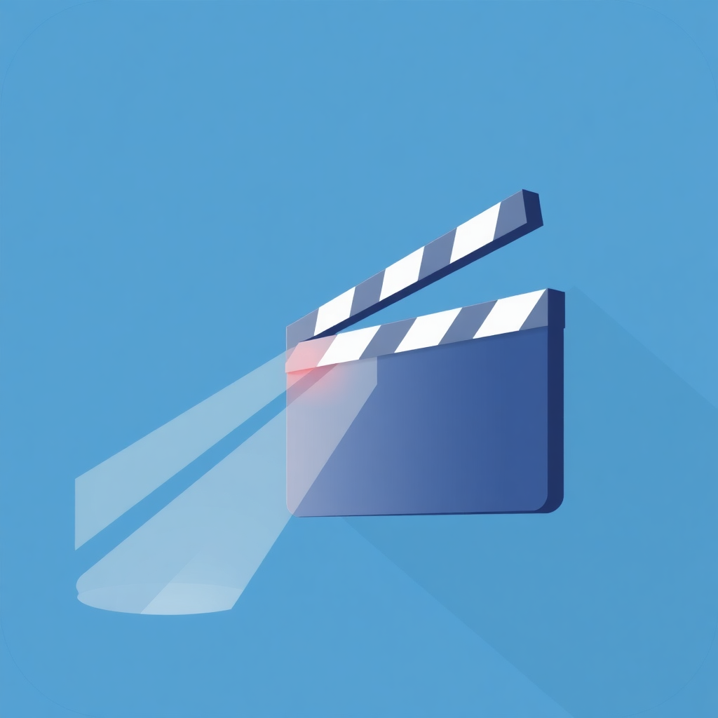 The image shows a movie clapboard icon with a long shadow on a blue background.