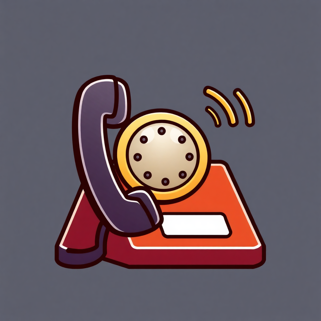 The image is an illustration of an old-fashioned telephone. The telephone is red in color and has a round dial with a purple cord attached to it. The dial is in the center of the image and appears to be ringing. There are two yellow lines coming out of the dial, indicating that the phone is in motion. The background is a solid grey color. The overall style of the illustration is simple and cartoon-like.