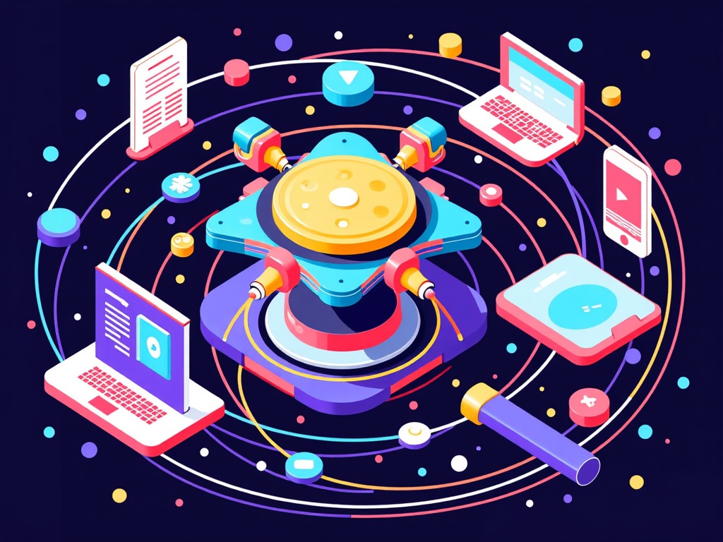A dynamic composition featuring a central 'AI Art Engine' from which various types of content (e.g., an e-book cover, a website banner, a social media post, a explainer video still) embedded with unique AI-generated illustrations spiral outwards, symbolizing diverse applications.
