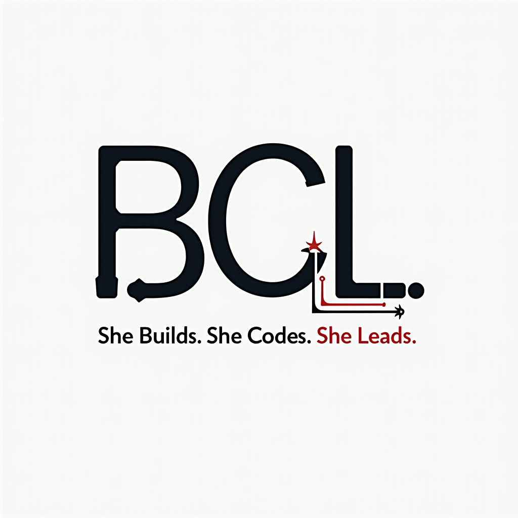 Simple Logo Idea: A wordmark logo primarily using the initials 'BCL' (from Builds, Codes, Leads) or the full phrase 'She Builds. She Codes. She Leads.' designed with a clean, modern, and empowering font. A subtle graphic element, like a connecting circuit line or a stylized upward trajectory, could be incorporated to signify technology and progress.