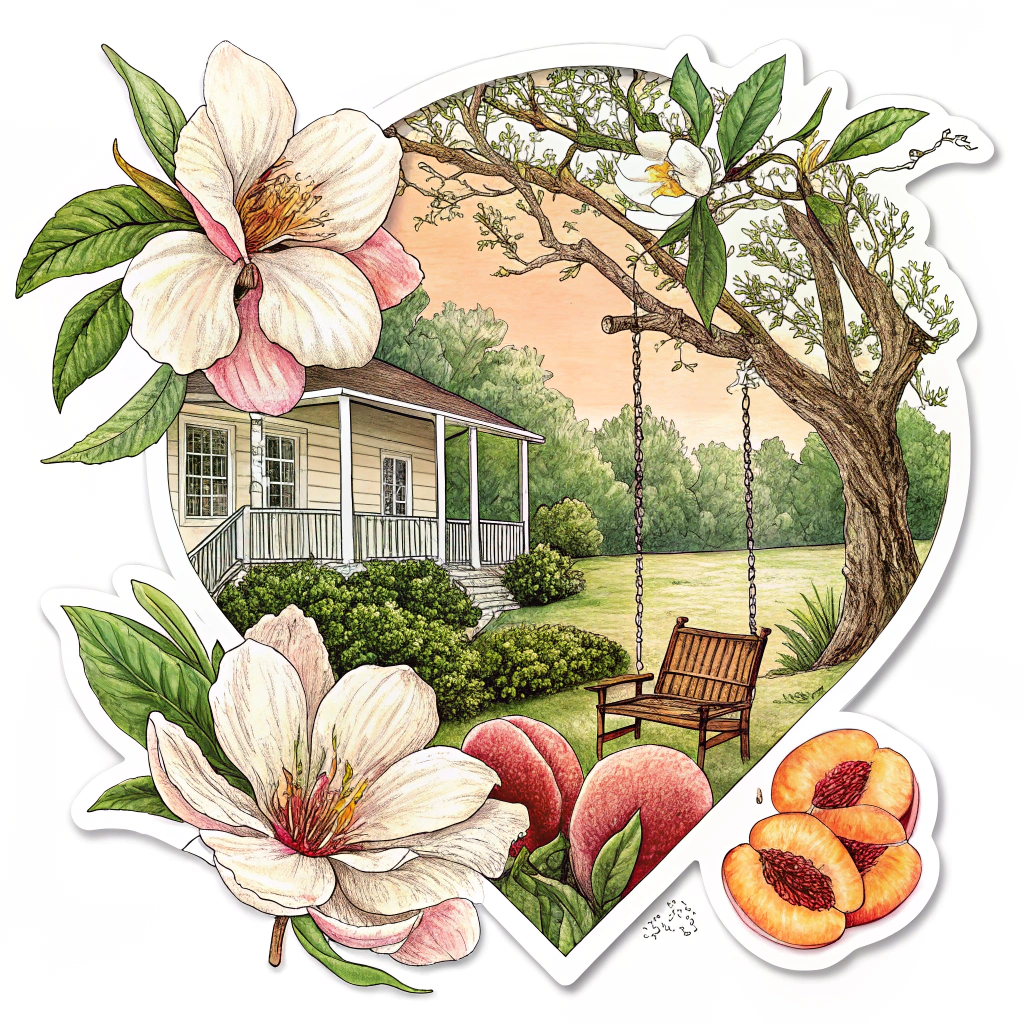 Creative South sticker design idea: A collage of Southern symbols like magnolias, peaches, and porch swings arranged artistically.