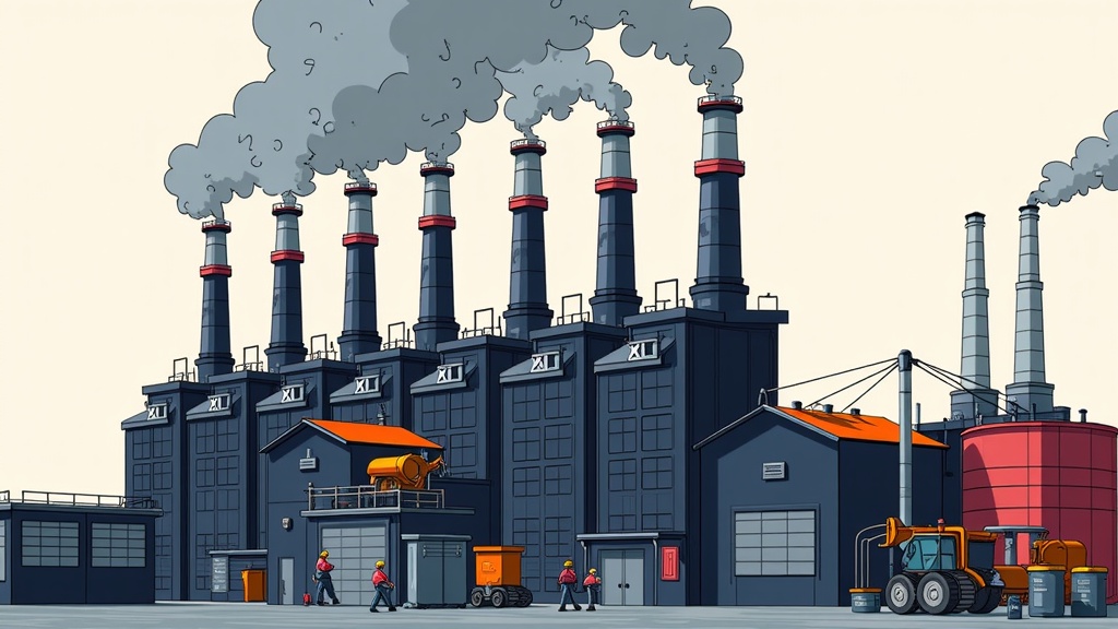 The image is an illustration of a large industrial plant with multiple tall chimneys emitting black smoke. The chimneys are tall and cylindrical, with red and white stripes on the top. The plant appears to be made of concrete and has multiple levels. In front of the plant, there are several workers wearing hard hats and protective gear, walking towards the chimneys. On the right side of the image, there is a large red silo and a yellow bulldozer. The sky is blue and there are a few clouds in the background. The overall color scheme of the illustration is gray and orange.