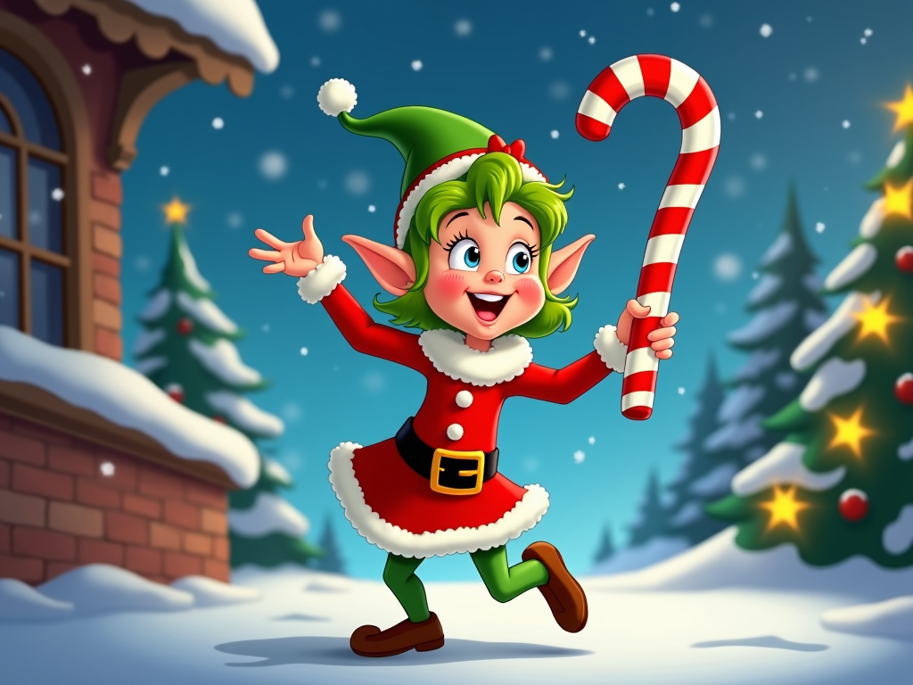 The image is a digital illustration of a Christmas elf holding a candy cane. The elf is wearing a red and white outfit with a green hat and boots. She has a big smile on her face and is holding the candy cane with both hands. The background is a snowy landscape with a house and Christmas trees. The sky is blue with white snowflakes falling. The overall mood of the image is cheerful and festive.